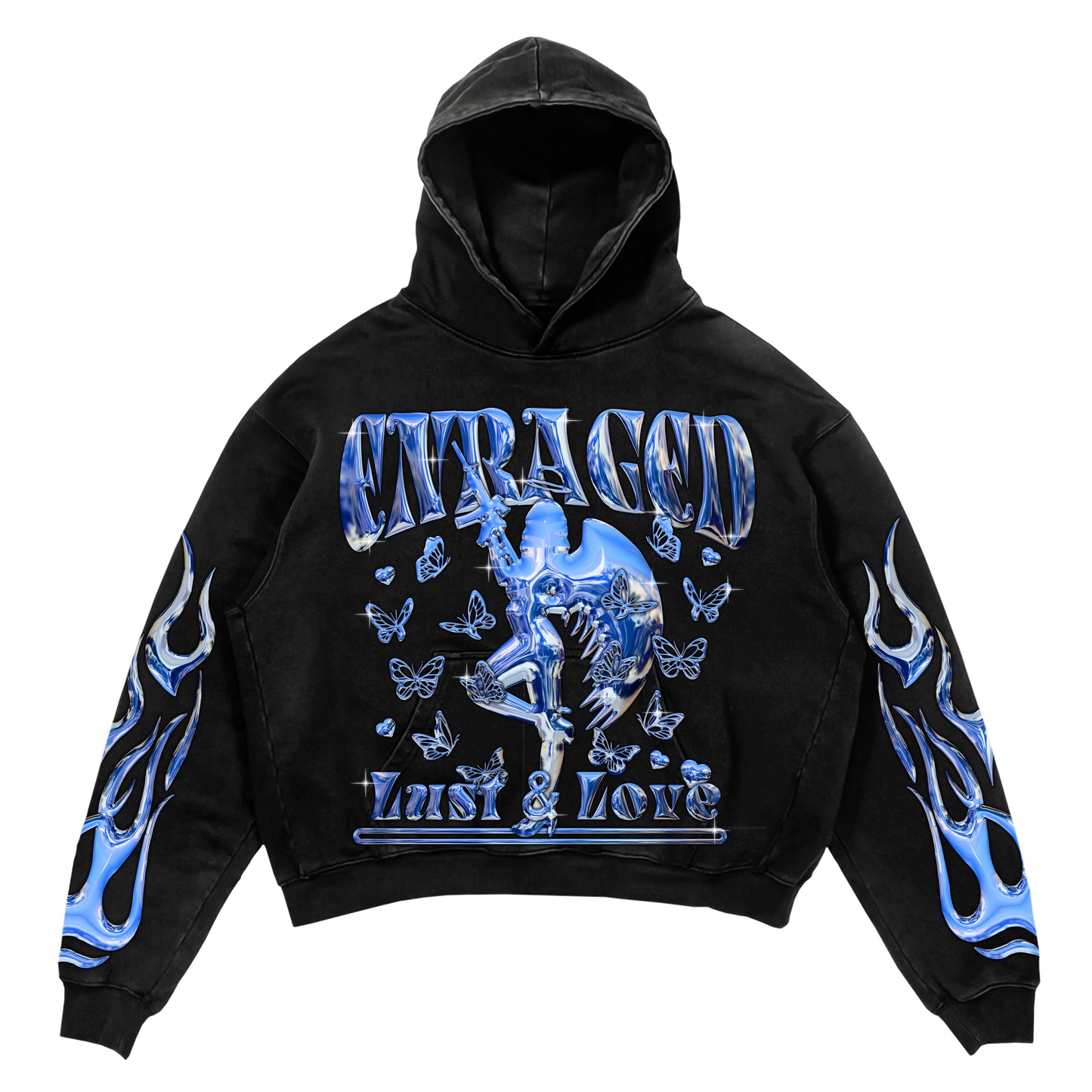 Enraged Angel 'Lust & Love' Blue on Black Hoodie