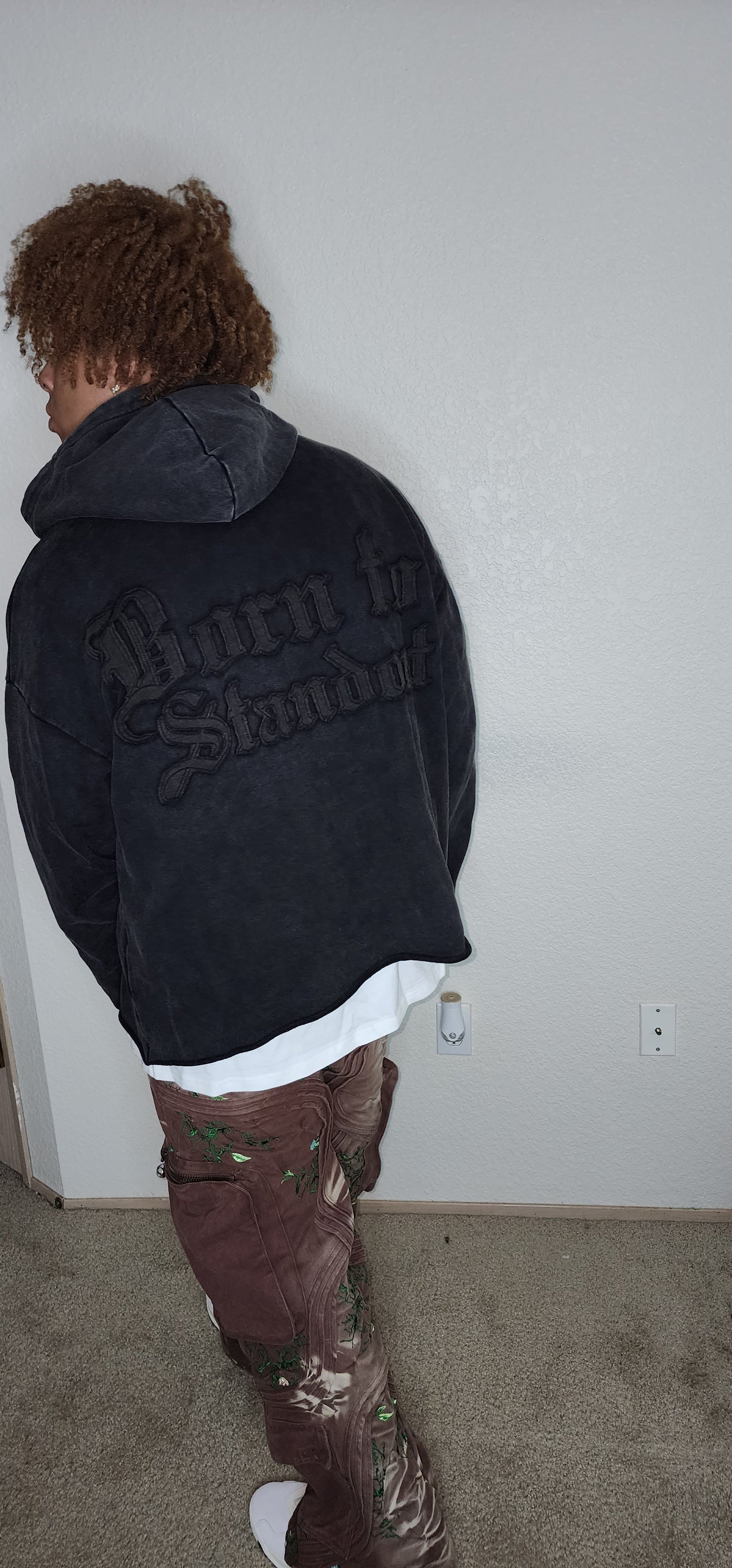 Born To Standout Acid Wash Oversize Black Hoodie